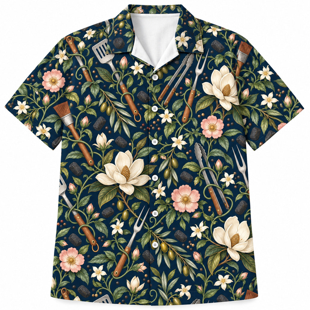Hawaïshirt met tuingereedschap- en barbecuemotief