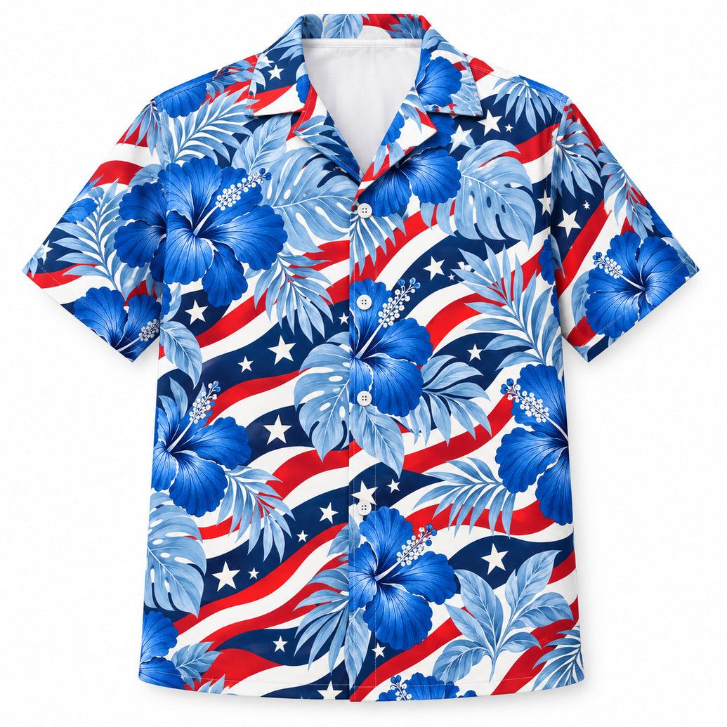 Hawaiihemd mit Indigo-Hibiskus-, Stern- und Streifenmuster