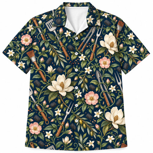 Hawaiihemd mit Gartenwerkzeug- und Grillmotiv