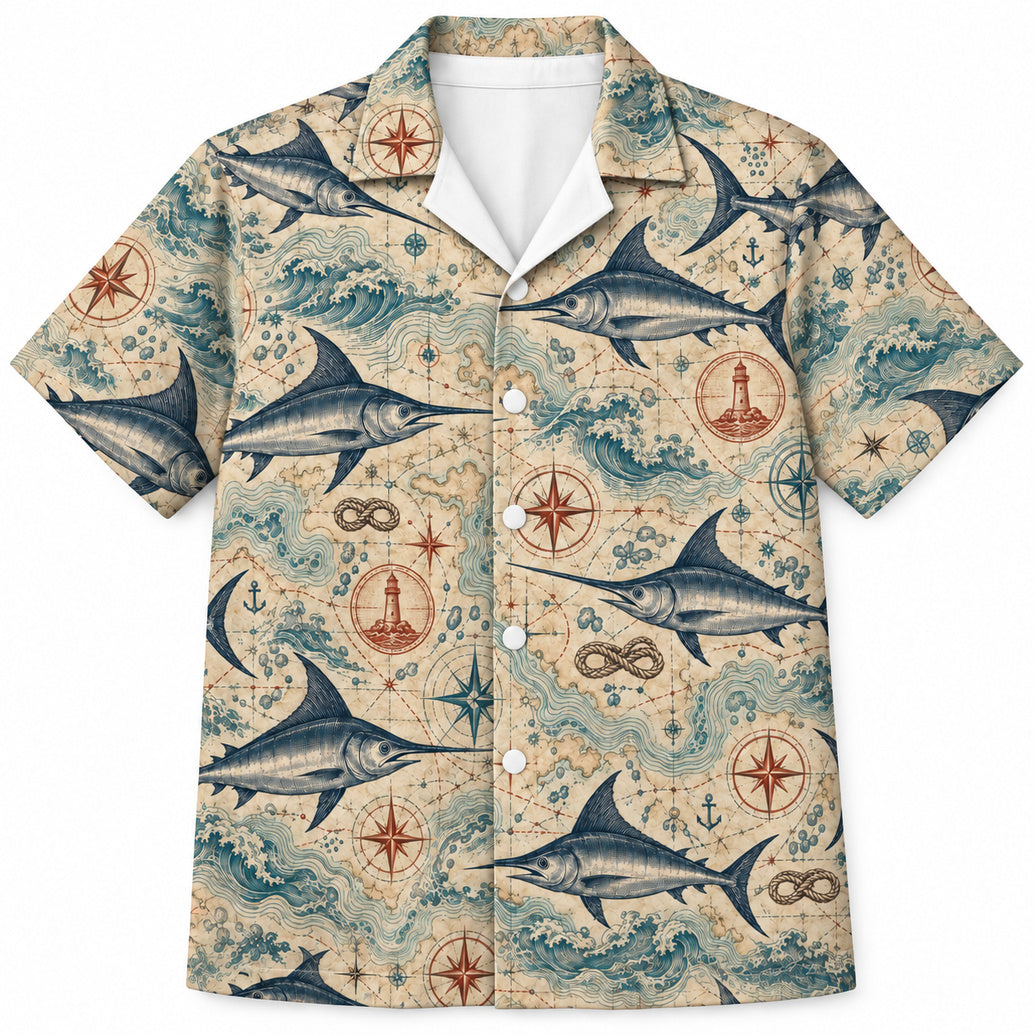 Sepia Swordfish Chartroom Hawaiian Shirt