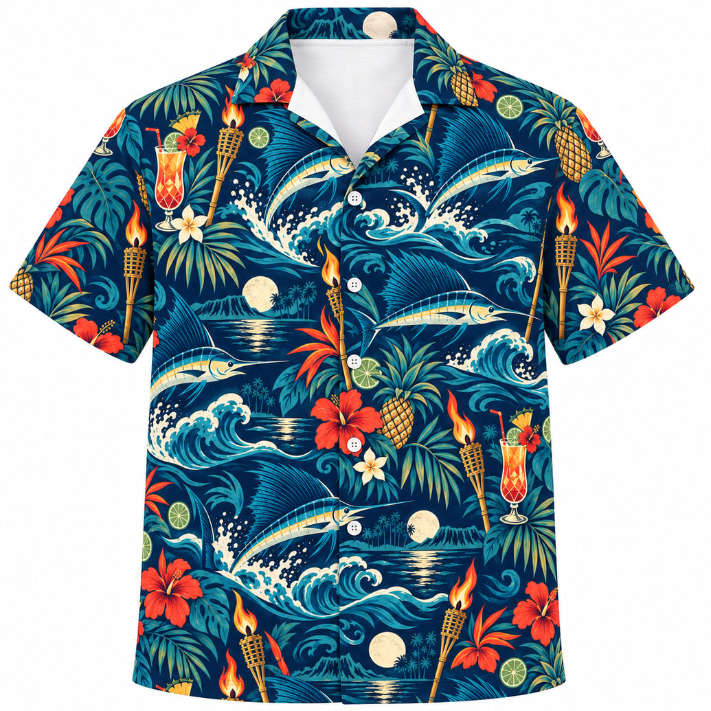 Torchlit Sailfish Tiki Drift Hawaiian Shirt