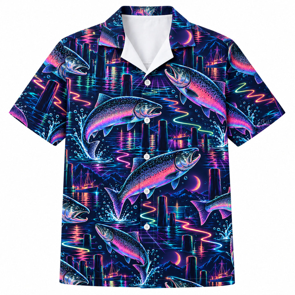 King Salmon Neon Harbor Hawaiian Shirt
