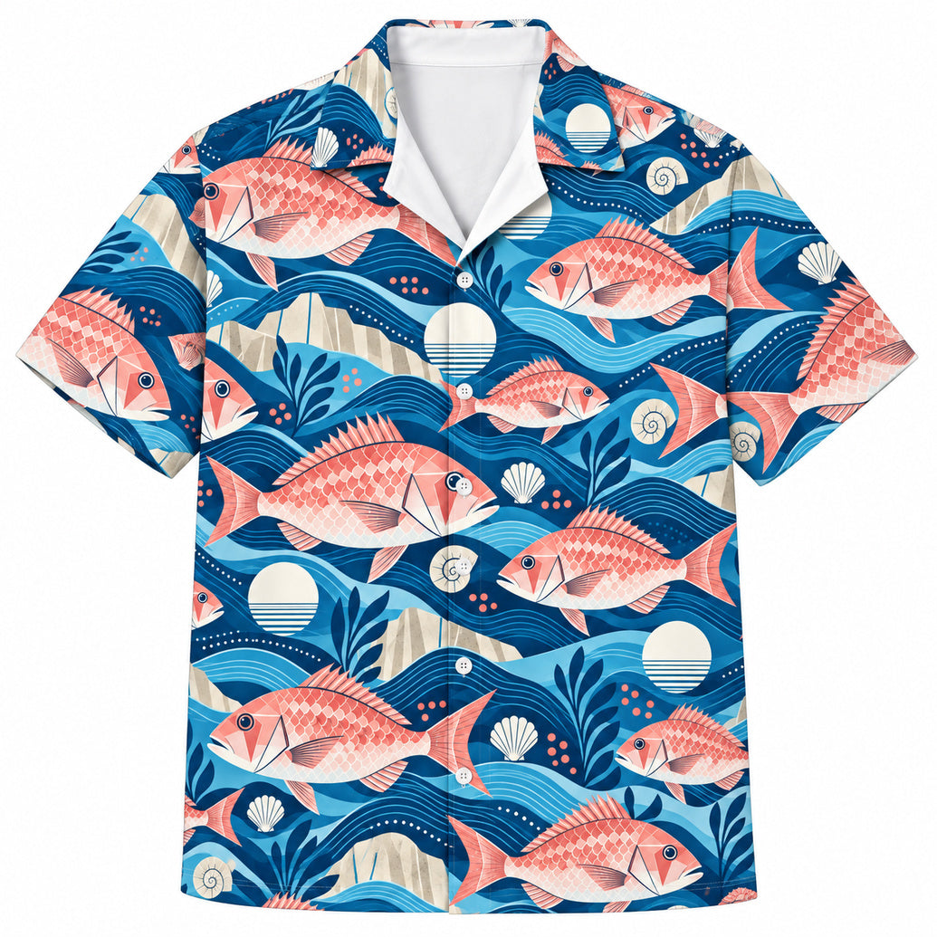 Coastal Linework Pink Snapper Hawaiian Shirt