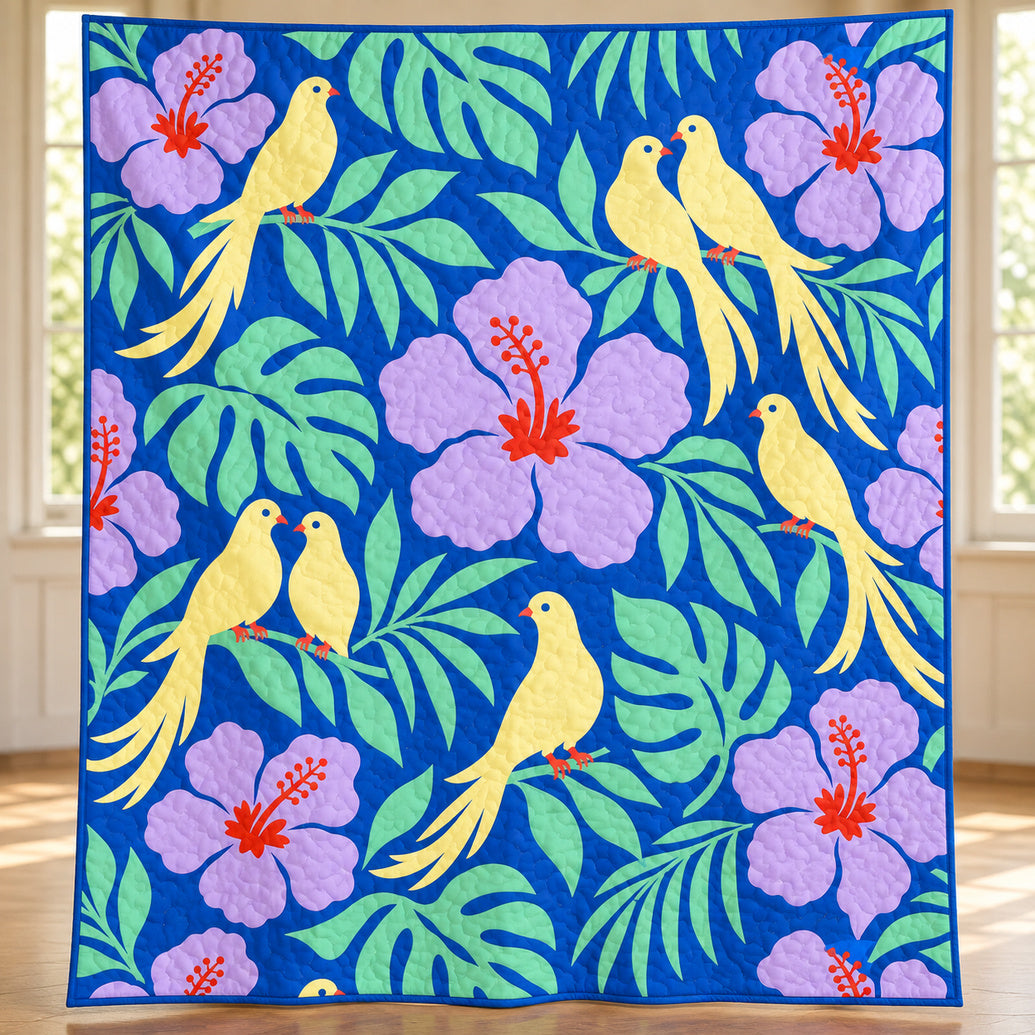 Cobalt Cut-Paper Dove Garden Quilt Blanket