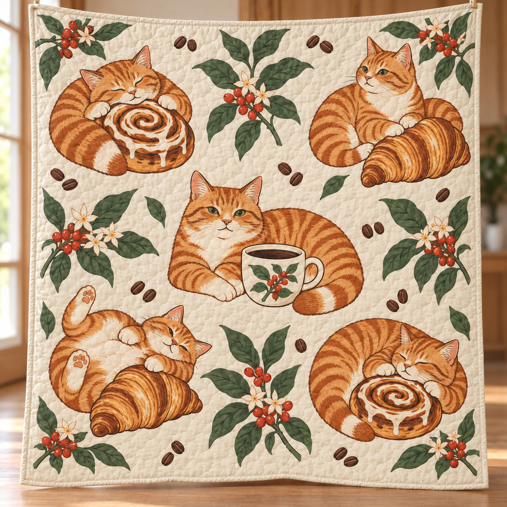 Orange Tabby Coffeehouse Morning Quilt Blanket