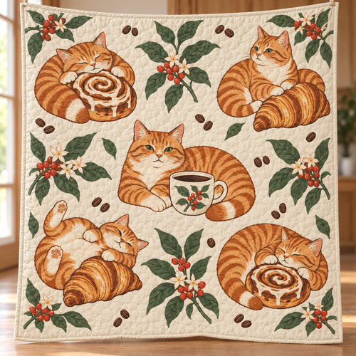 Orange Tabby Coffeehouse Morning Quilt Blanket