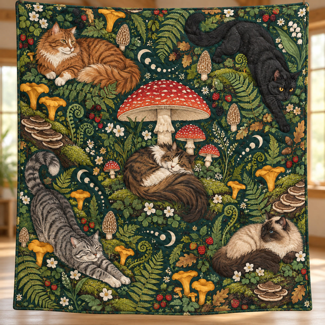 Mushroom Hearth Cats Quilt Blanket