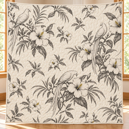 Ivory Botanical Dove Etching Quilt Blanket