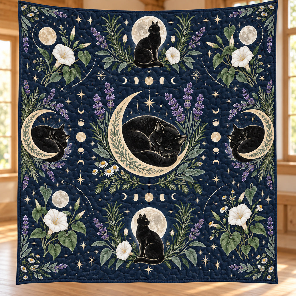 Black Cat Moonflower Atlas Quilt Blanket
