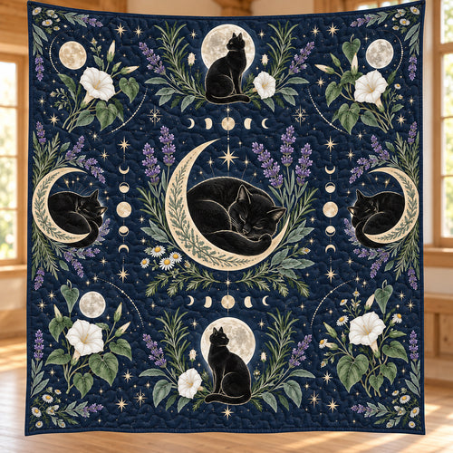 Black Cat Moonflower Atlas Quilt Blanket