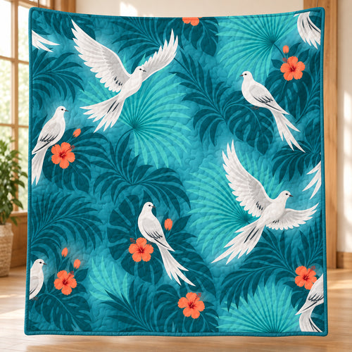 Lagoon Dove Fronds Quilt Blanket