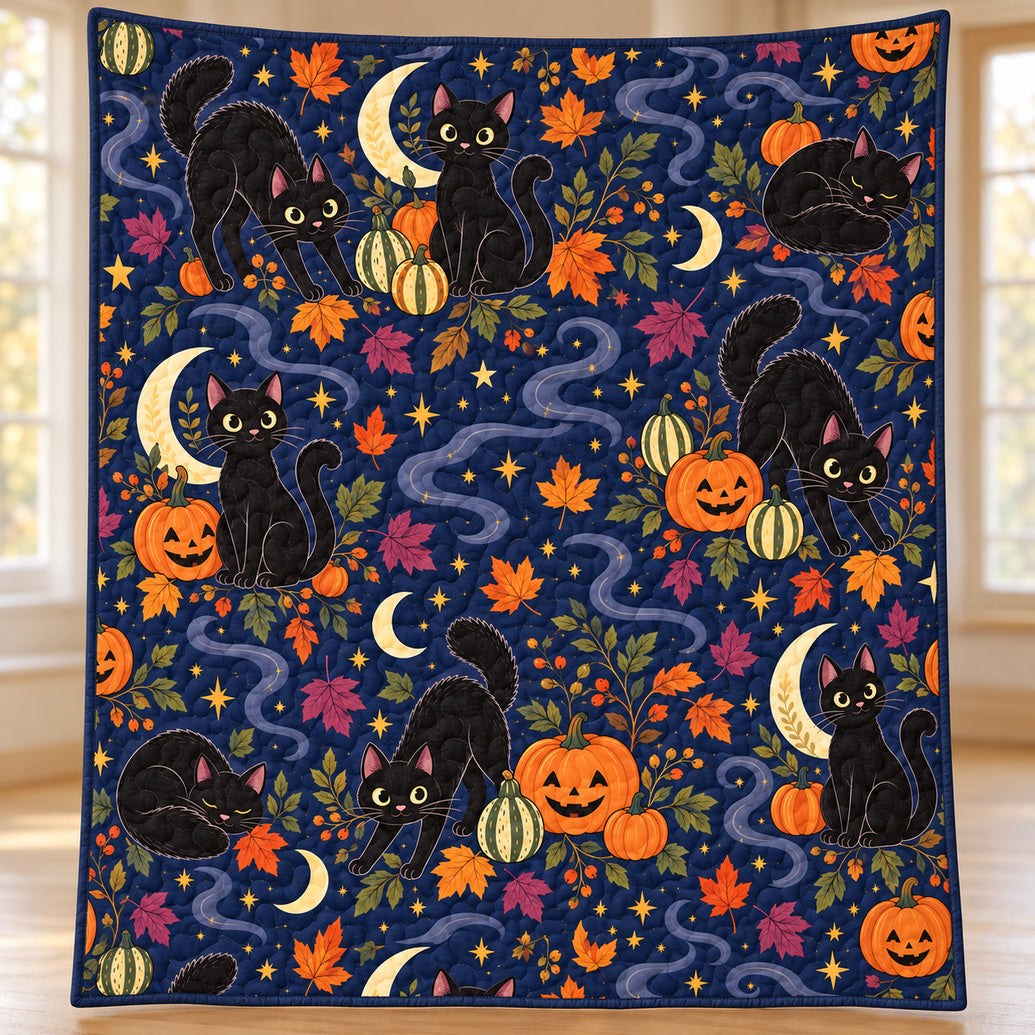 Pumpkin Moon Cat Parade Quilt Blanket