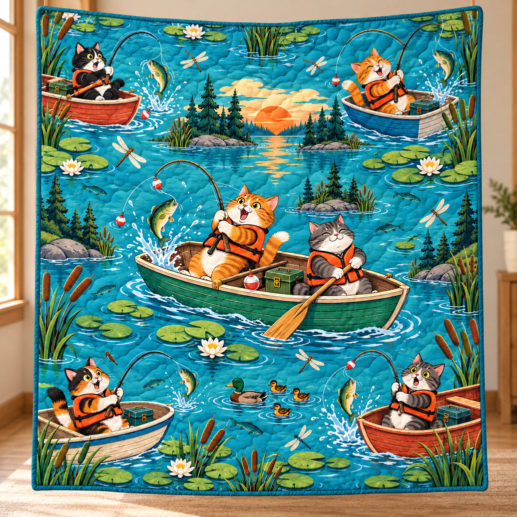 Feline Fishing Misadventures Quilt Blanket