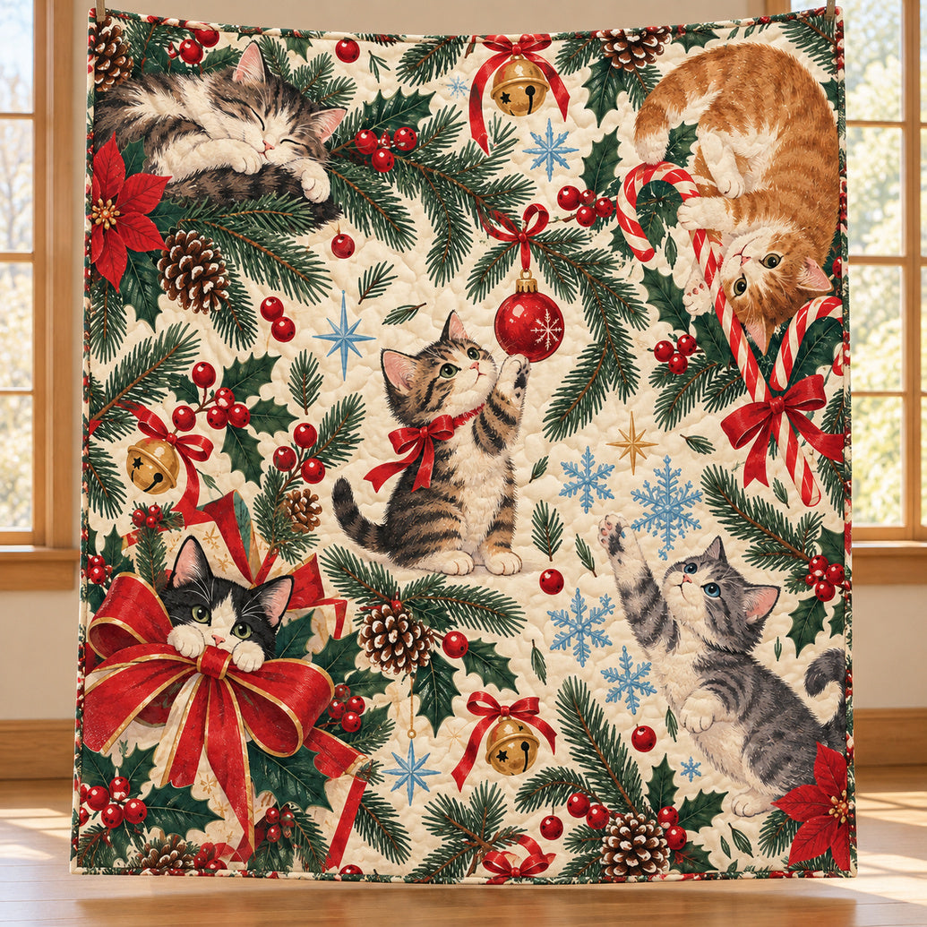 Evergreen Ornament Kittens Quilt Blanket