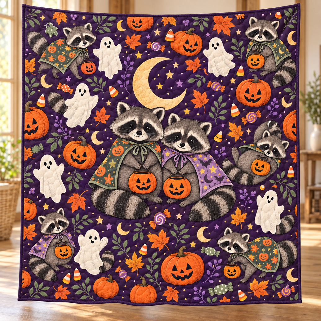 Moonlit Masked Raccoon Parade Quilt Blanket