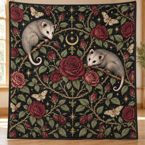 Rosevine Night Opossums Quilt Blanket