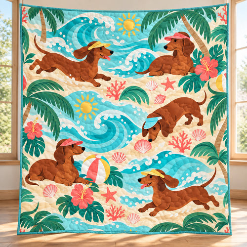 Sunlit Dachshund Surf Parade Quilt Blanket