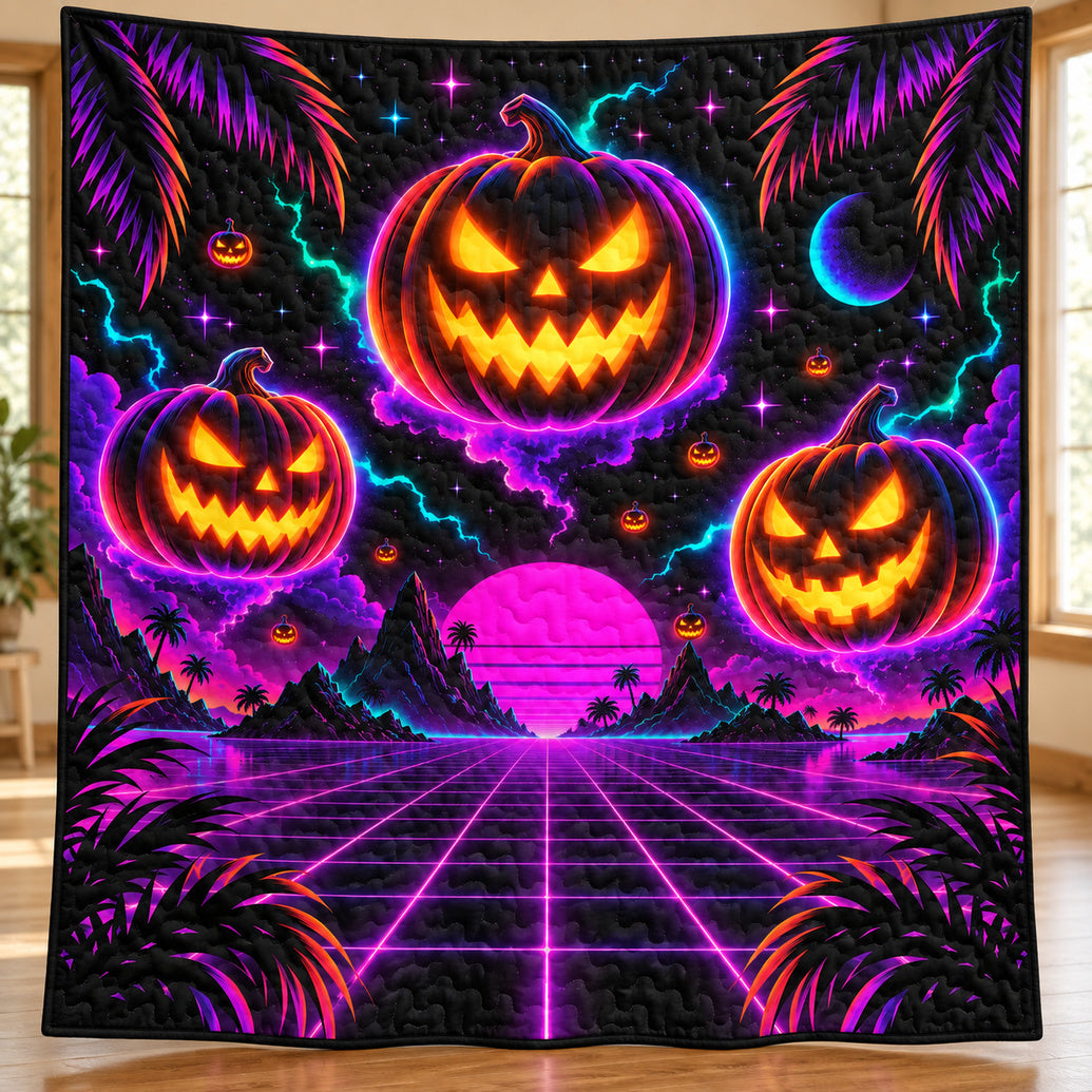 Neon Grid Jack-O-Lanterns Quilt Blanket