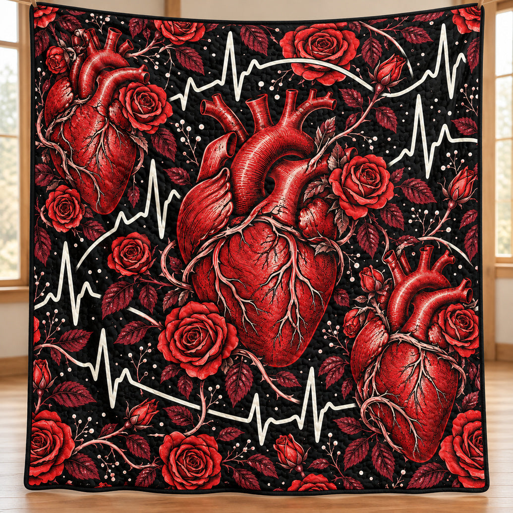 Crimson Cardio Rose Pulse Quilt Blanket