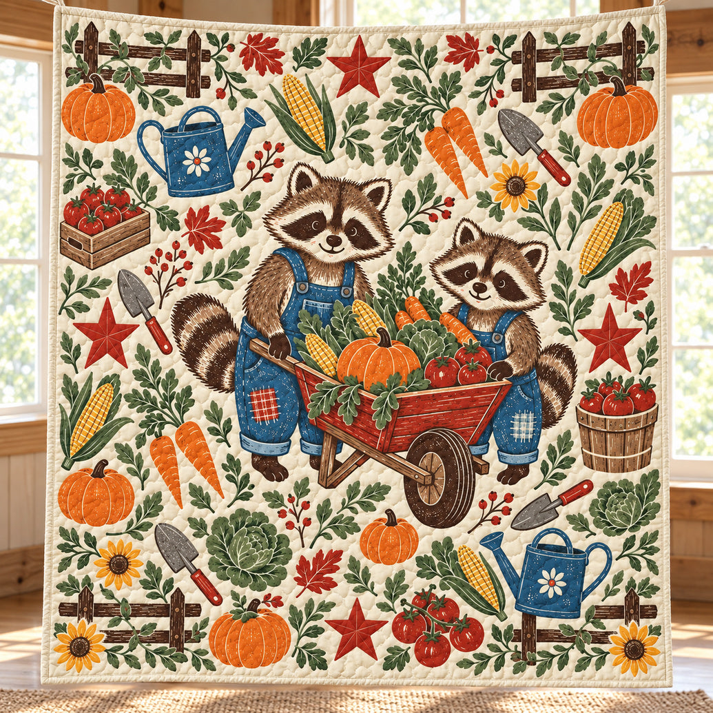 Harvest Cart Raccoon Co-op Quilt Blanket