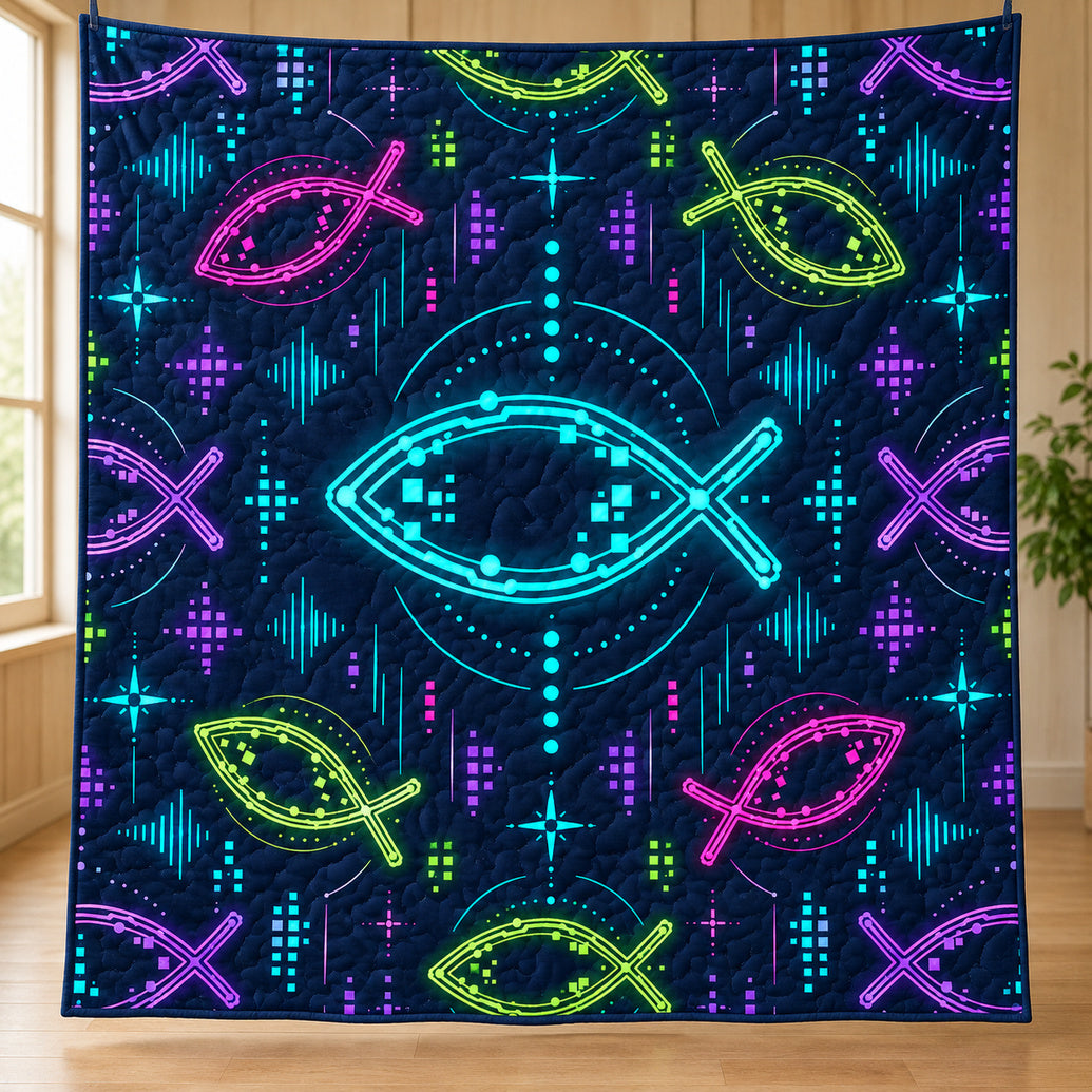 Neon Ichthys Circuit Quilt Blanket