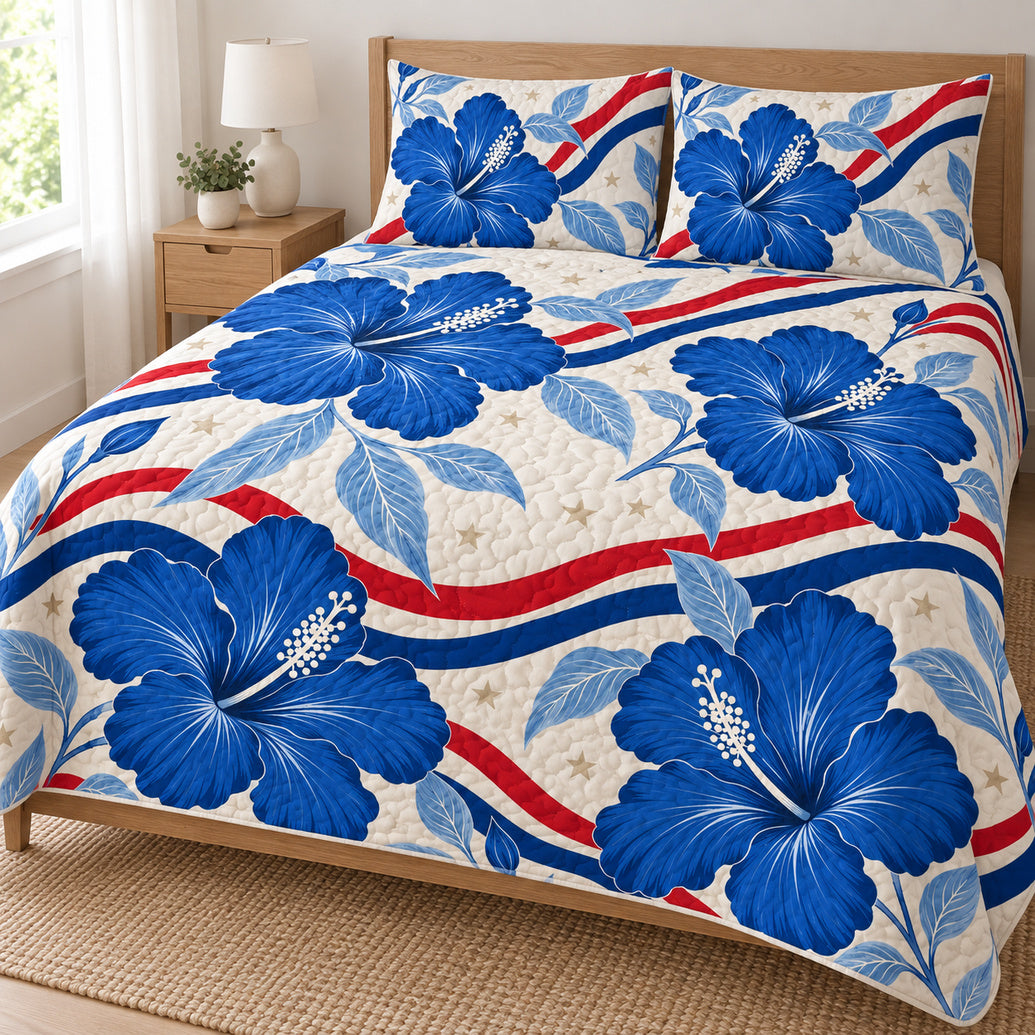 Indigo Hibiscus Star Stripes Bedding Set