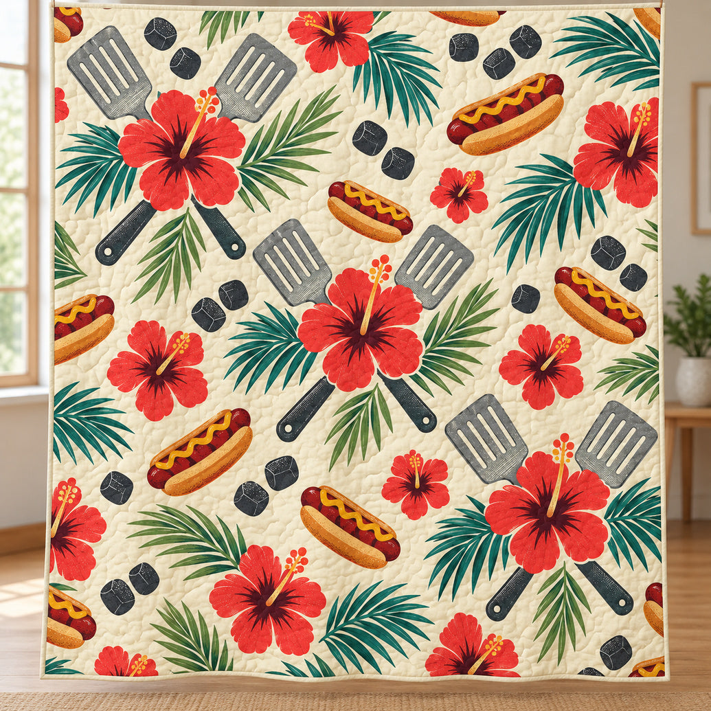 Hibiscus Hotdog Tools Quilt Blanket