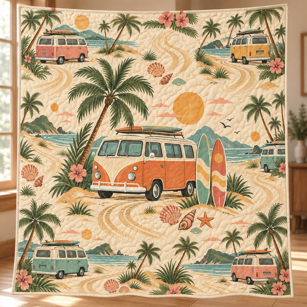 Sunset Surf Van Caravan Quilt Blanket