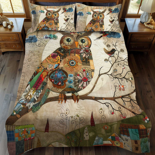 Vintage Owl Patchwork 3-Piece Quilted Bedding Set - Single (59" x 70")