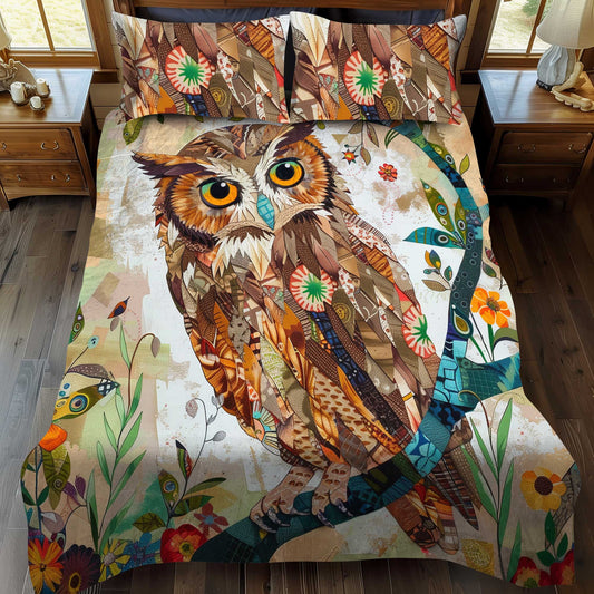 Owl Patchwork Floral 3-Piece Quilted Bedding Set - Single (59" x 70")