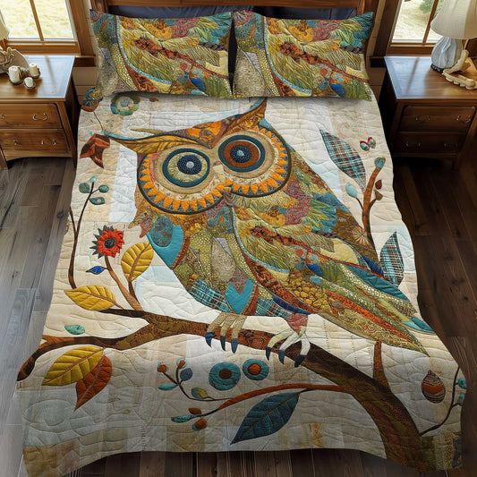 Owl Patchwork Plaid 3-Piece Quilted Bedding Set - Single (59" x 70")