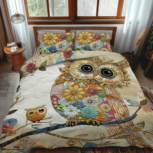 Floral Owl Patchwork 3-Piece Quilted Bedding Set - Single (59" x 70")