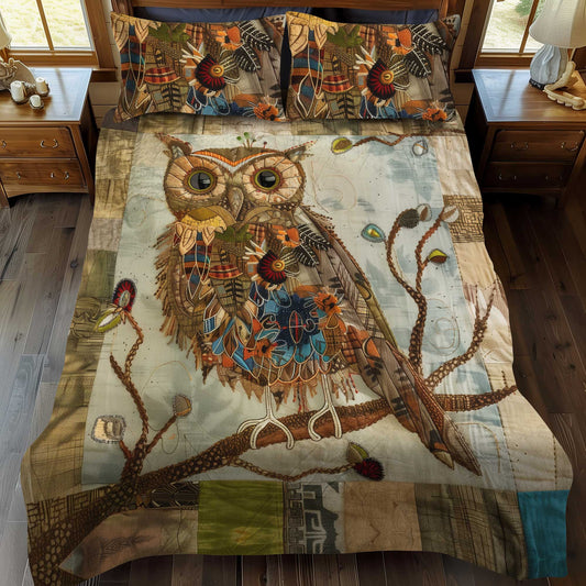 Vintage Owl Patchwork 3-Piece Quilted Bedding Set - Single (59" x 70")