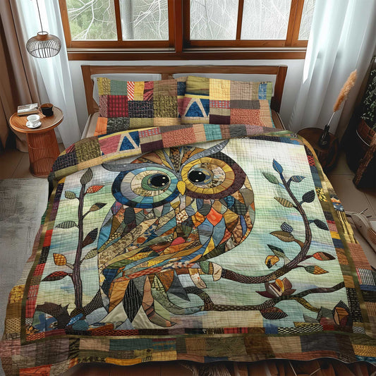 Vintage Owl Patchwork 3-Piece Quilted Bedding Set - Single (59" x 70")