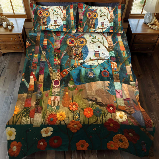 Colorful Owl Patchwork 3-Piece Quilted Bedding Set - Single (59" x 70")