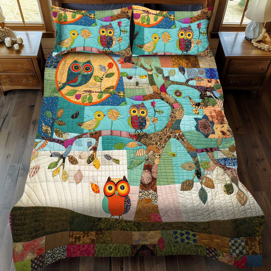Colorful Owl Patchwork 3-Piece Quilted Bedding Set - Single (59" x 70")