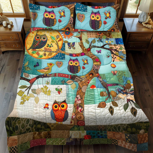 Owl Tree Patchwork 3-Piece Quilted Bedding Set - Single (59" x 70")