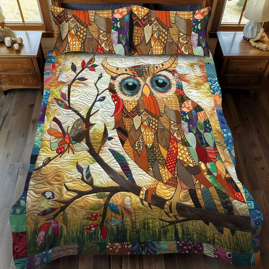 Vintage Owl Patchwork 3-Piece Quilted Bedding Set - Single (59" x 70")