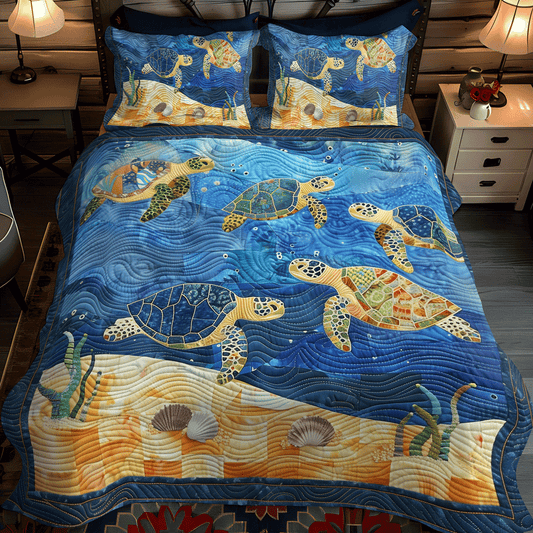 Oceanic Turtle Dance 3-Piece Quilted Bedding Set - Single (59" x 70")