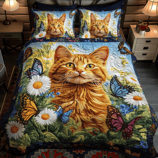 Orange Cat With Butterflies 3-Piece Quilted Bedding Set - Single (59" x 70")