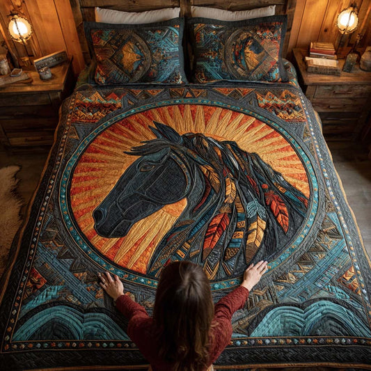 Painted Horse Circle 3-Piece Quilted Bedding Set - Single (59" x 70")