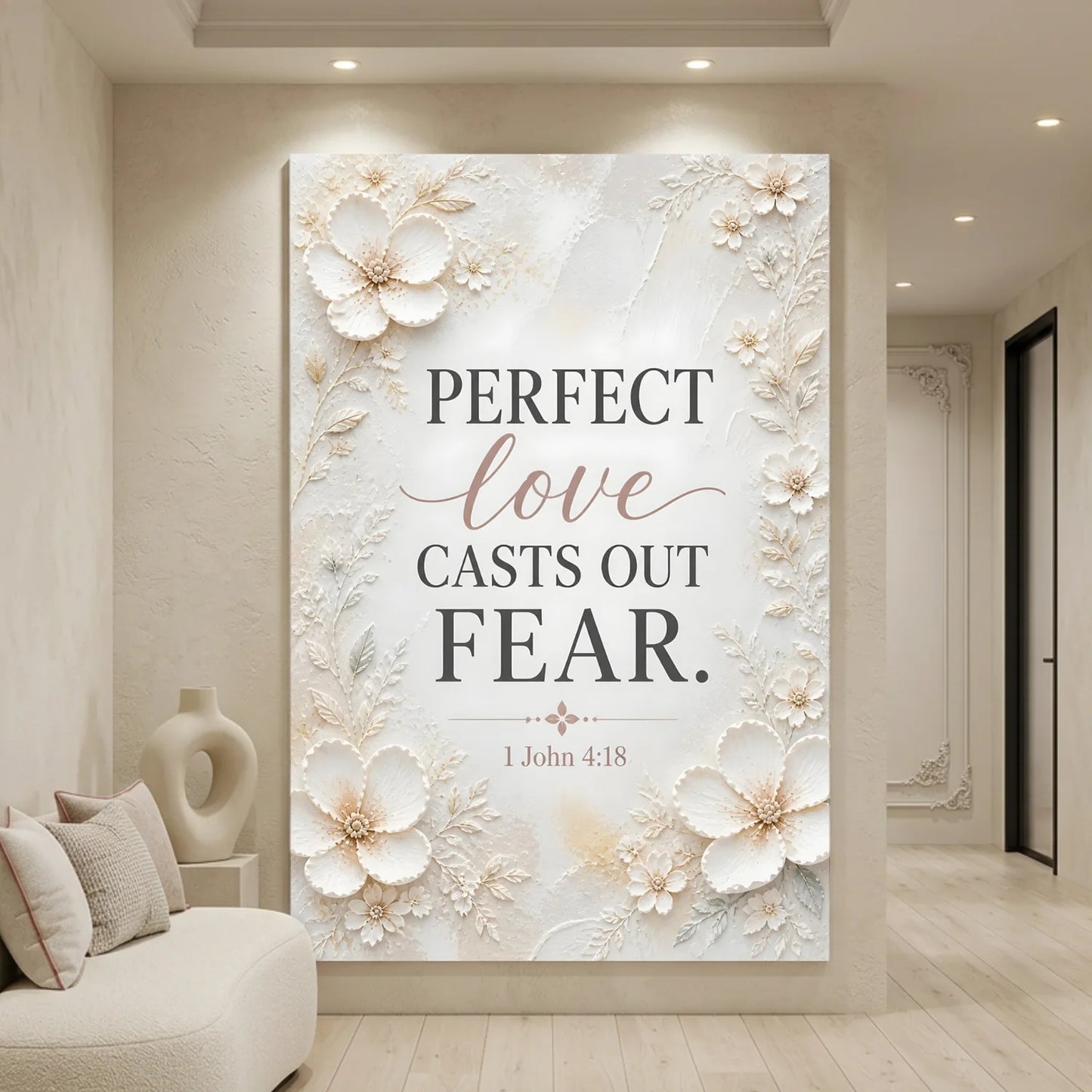 Decorative wall art with floral design and inspirational quote in a living room setting. Perfect Love Casts Out Fear – 1 John 4:18