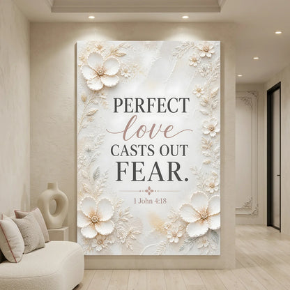 Decorative wall art with floral design and inspirational quote in a living room setting. Perfect Love Casts Out Fear – 1 John 4:18