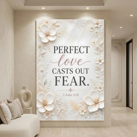 Decorative wall art with floral design and inspirational quote in a living room setting. Perfect Love Casts Out Fear – 1 John 4:18