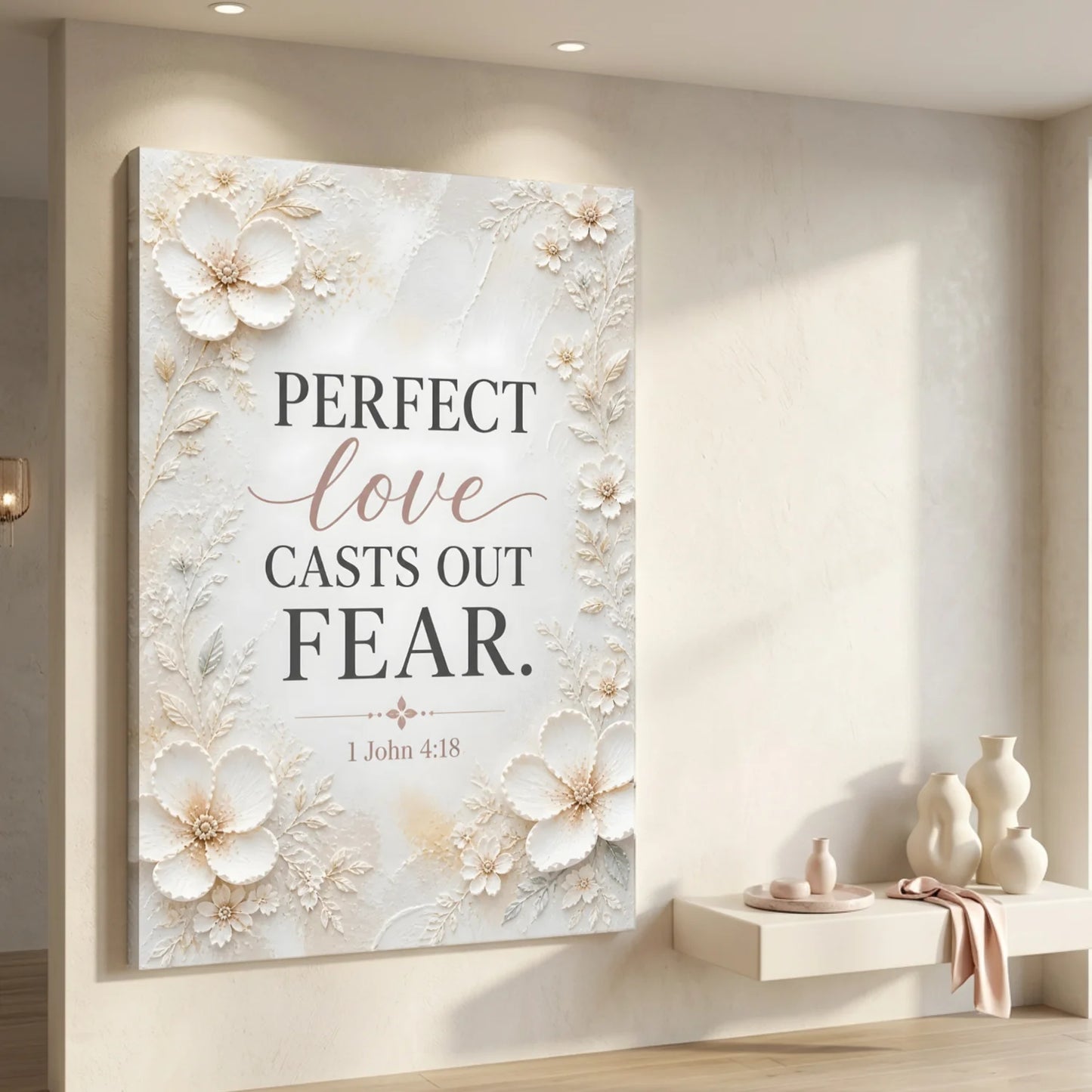 Decorative wall art with floral design and inspirational quote in a home setting. Perfect Love Casts Out Fear – 1 John 4:18