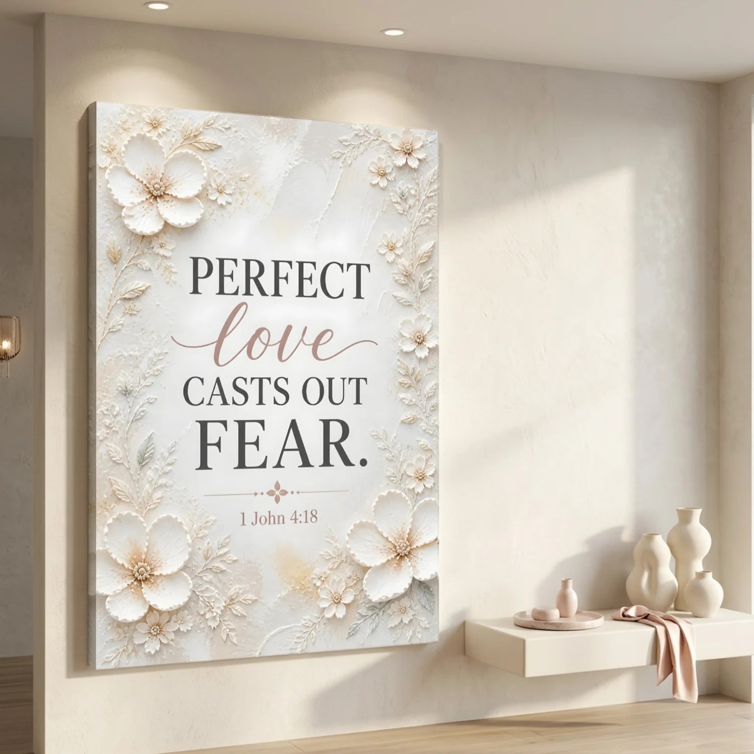 Decorative wall art with floral design and inspirational quote in a home setting. Perfect Love Casts Out Fear – 1 John 4:18