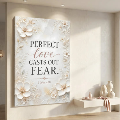 Decorative wall art with floral design and inspirational quote in a home setting. Perfect Love Casts Out Fear – 1 John 4:18