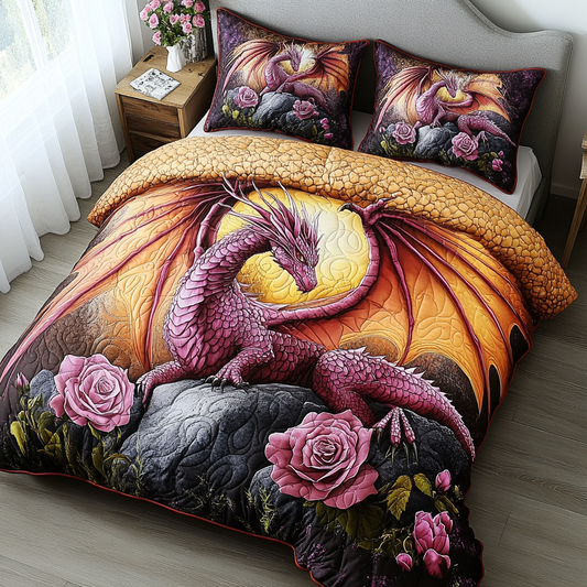 Pink Rose Dragon 3-Piece Quilted Bedding Set - Single (59" x 70")