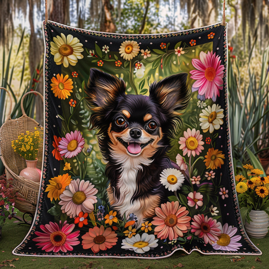 Playful Chihuahua Flowers Quilted Blanket - Throw (55" x 60")