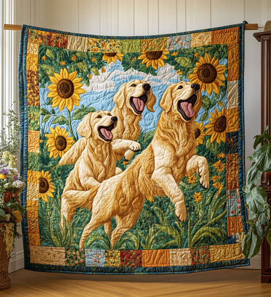 Playful Golden Retrievers Quilted Blanket - Throw (55" x 60")